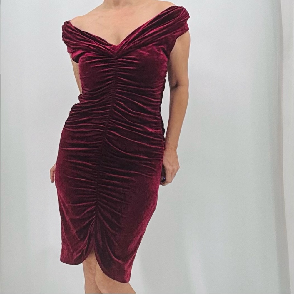 Cache Vintage Y2K  Whimsigoth Burgundy Red  Velvet Ruched Party Cocktail Dress